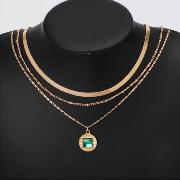 Gold & Green Rhinestone Pendant Layered Necklace - Picture 2 of 2